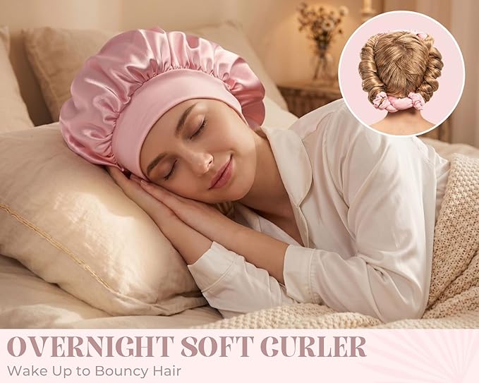 Velvet Heatless Hair Curler for Overnight Curls, No Heat Hair Curlers to Sleep in with Satin Bonnet and Clip Blowout Rods for Long Hair Curling Set - Pink
