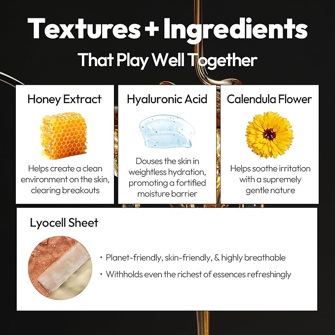 LAPCOS Honey Sheet Mask - Nourishing & Hydrating Face Masks with Hyaluronic Acid to Hydrate and Tighten Dry Skin - Highly Breathable Lyocell Sheet - Korean Skin Care Beauty Favorite (Pack of 5)