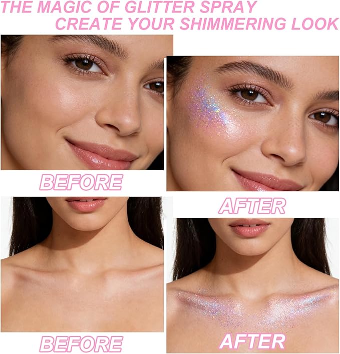 Hair and Body Glitter Spray, Shimmering Powder Sparkle Powder Makeup, Glitter Loose Sparkle Makeup for Body Highlighter,Festival Prom Rave Accessories (Dazzle)