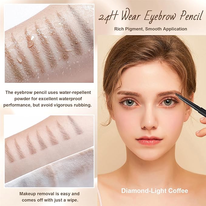 Eyebrow Pencil, Retractable Definer with Dual Brush, Ultra-Fine Tip for Precise Brow Makeup, Waterproof Gel Formula, Natural Hair-Like Strokes, Enhance Beauty (Light Coffee, Diamond)