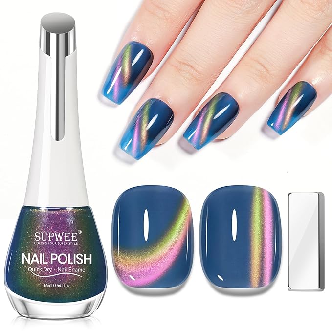 Quick Dry Blue Cat Eye Nail Polish, Magnetic Nail Polish Non Gel with Magnet Cat Eye Fingernail Polish Air Fast Drying Manicure Gift For Women Girls 16ml/0.54 oz
