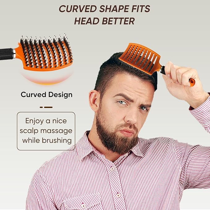 Boar Bristle Hair Brush 2PCS, Curved Vented Detangling Brush for Wet and Dry Hair, Styling Paddle Hairbrush for Women Men Kids Curly Straight Thick Long or Short Hair
