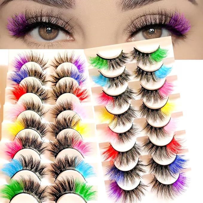 Sunniess Ombre Colored Lashes Silk Protein Fluffy Wispy Volume Fake Lashes for Halloweens Cosplay Party Stage Lashes with Color Make up Faux Mink False Eyelashes