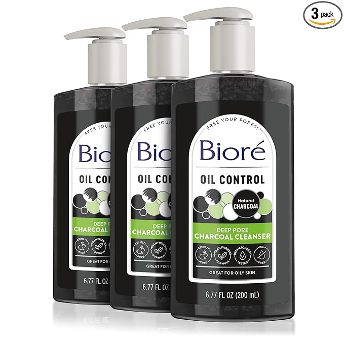 Biore Deep Pore Charcoal Face Wash, Daily Facial Cleanser for Dirt & Makeup Removal, for Oily Skin, 6.77 Oz, Pack of 3