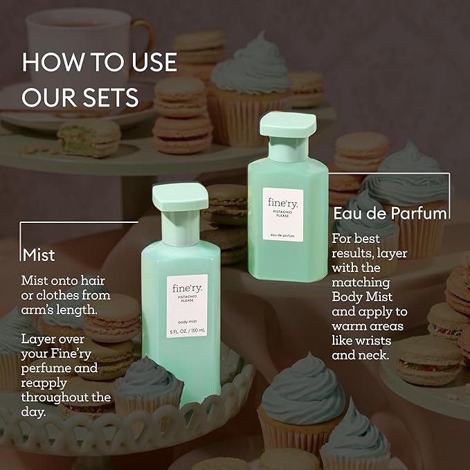 Fine'ry Pistachio Please Eau De Parfum & Body Mist Gift Set | Sweet & Nutty Notes Of Pistachio, Vanilla & Tonka | Fine Mist Spray & Perfume For Women | Fragrance Layering Duo (2oz + 5oz)