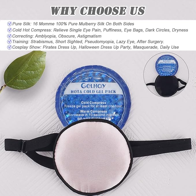 Cooling Eye Patches for Puffy Eyes, Pure Silk Ice Eye Patch, Single Eye Mask, Medical One Eye Cover Cold Hot Therapy Strabismus Lazy Eyes After Surgery Adult Kid Pirate Eyepatch (Pink-New)