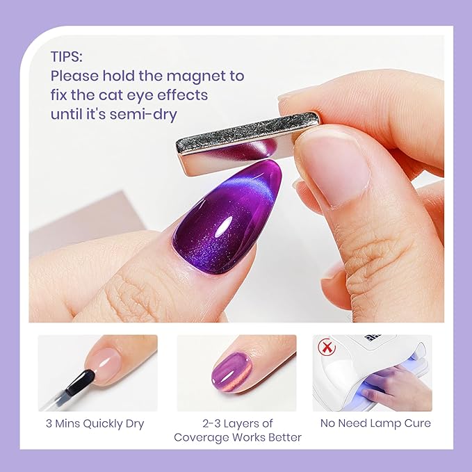 Cat Eye Nail Polish Set, Quick Dry Magnetic Nail Polish Non Gel with Magnet, Multi-Color Holographic Glitter Cateye Nail Lacquer High Glossy DIY Salon Gift for Women Girl