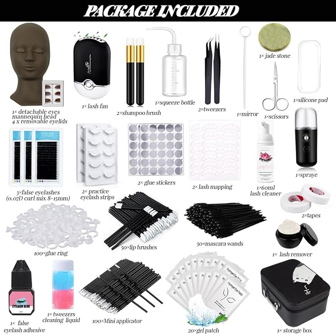 QUKLOGEN Lash Extension Kit Eyelash Practice for Beginners Professional Set with Mannequin Head Removable Eyelids USB Fan Spraye Individual False Lash Eyelash Strips Shampoo Brush Supplies Storage box