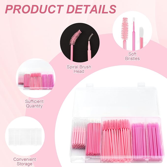 800 Pcs Pink Brow Lamination Supplies with Plastic Box Micro Eyebrow Lash Spoolies Set Disposable Lip Applicators Eyebrow Spoolies Brush Micro Swabs Interdental Brushes for DIY Eyelash Extensions