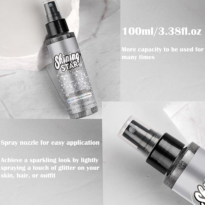 MEICOLY Silver Hair Body Glitter Spray,100ML(3.53OZ),Liquid Glitter Hairspray,Sparkle Glitter Spray for Hair/Body/Clothes,Body Shimmer for Skin,Lightweight,Long Lasting