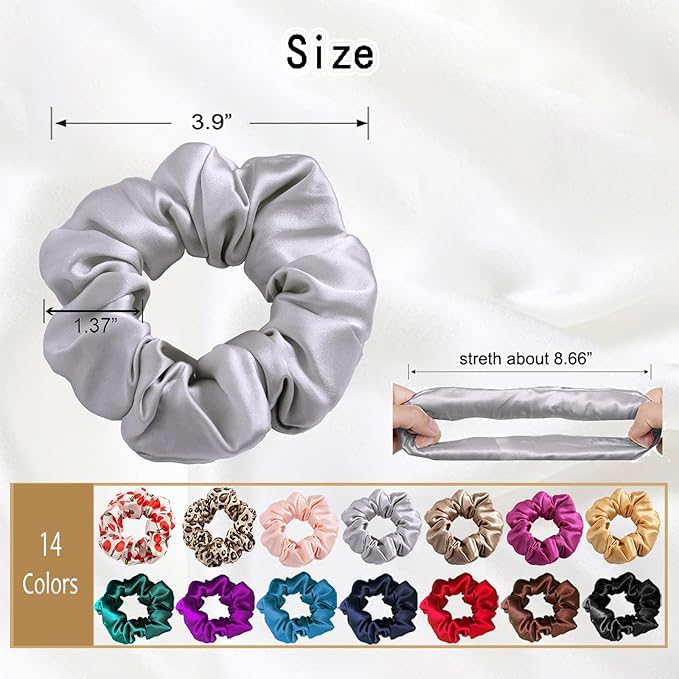 100% Mulberry Silk Scrunchies - 16 Momme Hair Ties for Women with Curly, Thick or Thin Hair, Black Satin for Sleep (1, 05 Grey)