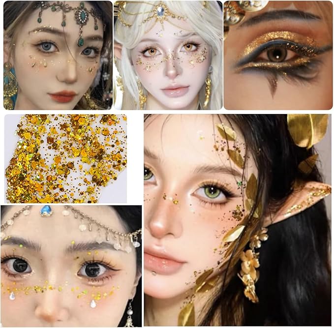 Body Glitter Gel, Mardi Gras Chunky Face Glitter Mermaid Sequins, Sparkly Hair Glitter,Singer Concert Festival Rave Accessories, Halloween Body Painting (#02 Gold)