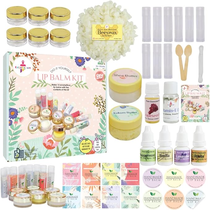 Kalakaram DIY Lip Balm Making Kit - Make 15 Lip Balms with Shea & Kukum Butter, Beeswax, Vitamin E Oil, Grapeseed & Essential Oils, DIY Activity Kit for Kids & Craft Kit for Girls 9-12
