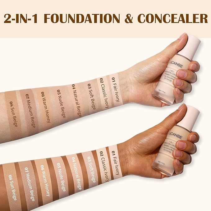 UCANBE 2-IN-1 Foundation + Concealer, Full Coverage Long-Lasting Matte Makeup for Normal, Combination and Oily Skin, Buildable Waterproof Formula with Hyaluronic Acid （07 Medium Beige）