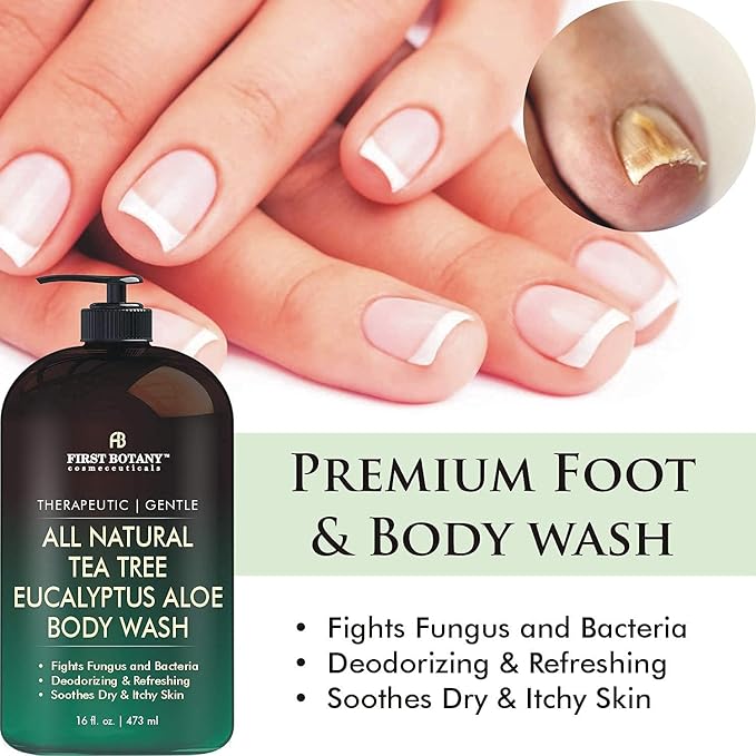 First Botany, All Natural Tea Tree Body Wash Fights Body Odor Athlete's Foot Jock Itch Nail Issues Dandruff Acne Eczema Yeast Infection Shower Gel Eucalyptus & Peppermint Aloe Skin Cleanser 16 X 2 fl