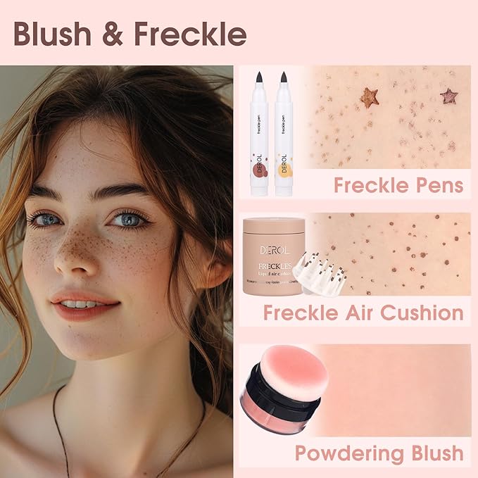 MARBUROLY Natural Freckle Nude Warm Blush Makeup Kit- Liquid Fake Freckle Air Cushion, 2 Colors Freckle Pen, Powder Cushion Blush, Waterproof Long Lasting Freckles Marker for Cheek