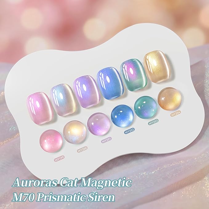 Born Pretty Spring Summer Aurora Cat Magnetic Eye Gel Gel Nail Polish Set 6 Colors Prismatic Siren Holographic Mermaid Cat Magnetic Eye Gel Polish for Nail Art Soak Off U V Gel for Salon Home 7ml