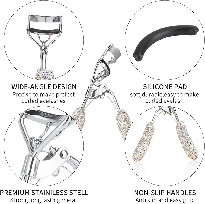 Bling Rhinestone Eyelash Curlers Stainless Steel Natural and Long Lasting Eyelash Fit for All Eye Shape Curved Lash Curler (AB Color)