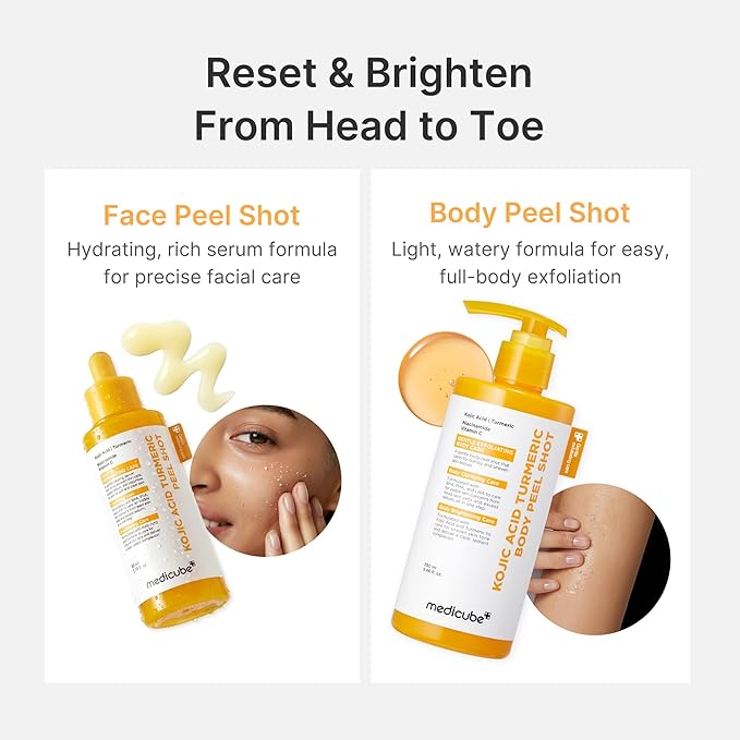 medicube Body Peel Shot with Kojic Acid and Turmeric | Gentle Body Brightening & Exfoliating Serum with BHA, LHA & PHA for Dead Skin Cells, Uneven Looking Skin & Excess Sebum | 9.46 fl.oz