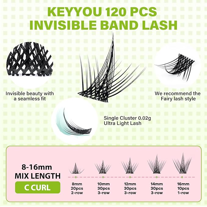 KEYYOU Sicily Lash Clusters Fairy Eyelash Extension CC Curl 120Pcs Eyelash Extension Wispy Natural Invisible Band Lash with Waterproof DIY Lash Extension at Home(Sicily-CC-8-16MIX)