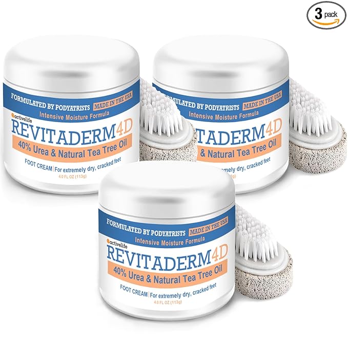 Revitaderm 4D 40% Urea Advanced Foot Cream for Cracked Heels & Dry Skin, Intensive Repair for Rough, Callused Feet, Fast Absorbing, Fragrance Free, Made in USA, 4 oz with Pumice & Brush, 3 Pack