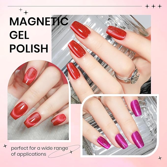 2PCS 15ML Cat Magnetic Eye Gel Nail Polish, Red Hot Pink Cateye Gel Nail Polish Holographic Glitter Shimmer Effect with Magnetic Stick Soak Off Salon DIY at Home