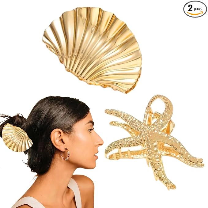 Beach Accessories for Women,2Pc Gold Seashell & Starfish Hair Clip Oversized Metal Claw Clips,Beach Hair Accessories,Summer Beach-Vibe Hair Accessories
