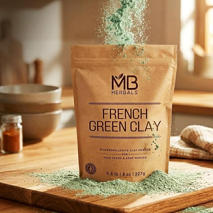 MB Herbals French Green Clay 8 oz | 0.5 lb / 227 Gram | 100% Pure Montmorillonite Clay | Absorbs Excess Oil | Detoxifies Skin | Recommended For Oily Skin | No Chemical Preservatives