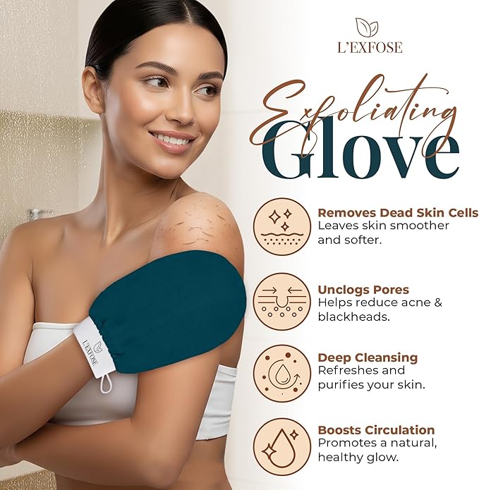 L'Exfose Kessa Hammam Deep Exfoliating Glove for Shower - Korean Exfoliating Mitt Body Scrubber Ideal for Dead Skin Remover, Keratosis Pilaris & Self-Tanning (Cyan Blue & Ivory)