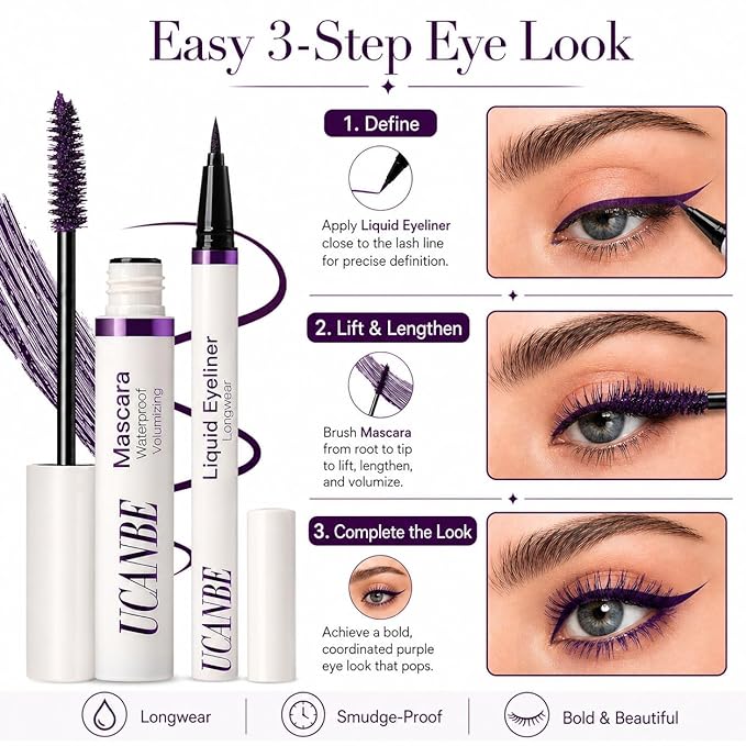 UCANBE Purple Mascara and Liquid Eyeliner Set, Waterproof Colored Eye Makeup Duo - Enhance Your Gaze with Natural Lasting Lift & Curl for Lashes and Pigmented Smudge-Proof Eye Liner