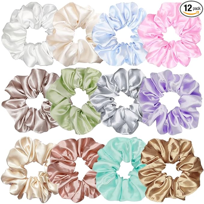 Sufermoe 12 Pcs Satin Silk Hair Scrunchies, Assorted Light color, 4.5 Inch Hair Ties for Women Girls
