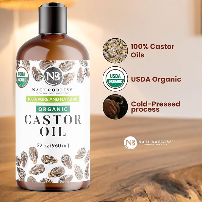 NaturoBliss 100% Pure Organic Castor Oil – Expeller-Pressed & Hexane-Free – Professional/Salon Size for Hair, Skin, Lashes & Brows, with Beauty Starter Kit – 32 fl oz (Bulk Value)