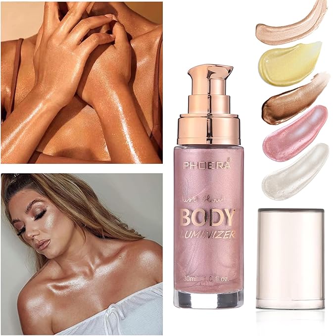 Body Shimmer Oil, Sparkle Pink Natural Glow Luminizer, Long Lasting Moisturizing Liquid Illuminator Highlighter Makeup for a Sun-Kissed Glow, Brush Include, 1oz, Fair