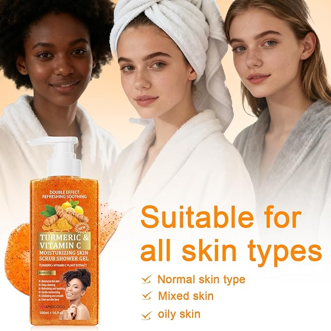 Turmeric Orange Vitamin C Body Wash with Cocoa Seed Exfoliant, Mattifying Scrub for Uneven Skin Texture, Body-Only Daily Use, 16.9 fl oz