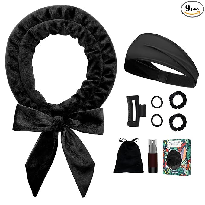 Gwabee No Heat Curling Headband, 70" Soft Hair Curlers to Sleep In Overnight Curls Headband, No Heat Hair Curler Ribbon Curl Wrap for Long Hair Rollers, 9 PCS Curling Rods Set with Yoga Strap -Black