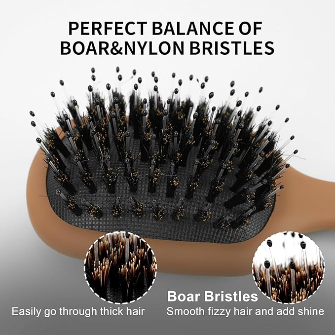 Mini Boar Bristles Hair Bursh, Travel Size Hair Brush for Women Men Kids, Protable Small Hair Brush for Pockets Purses, Mini Detangler Brush for Smooth Add Shine(Mocha)