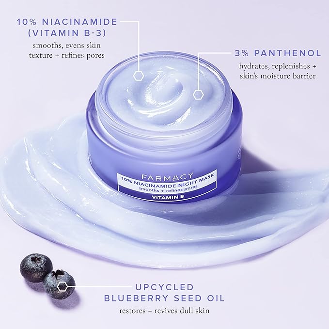 Farmacy Niacinamide Overnight Face Mask - Pore Refining Facial Mask with 10% Niacinamide - Replenishes Moisture Barrier with 3% Panthenol + Blueberry Seed Oil for Soft, Supple Skin (9ml)
