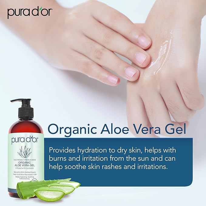 PURA D'OR ORGANIC Aloe Vera Gel Lavender (16 Oz X 2) All Natural - ZERO Artificial Preservatives - Deeply Hydrating & Moisturizing - Sunburn, Bug Bites, Rashes, Small Cuts, Eczema Relief - Skin & Hair