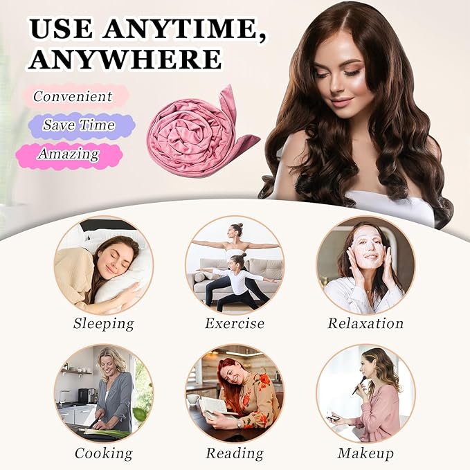 Gwabee No Heat Overnight Curl Headband, 70" Soft Ribbon Curl Wrap for Long Hair - 9 PCS Rods Set with Bonnet, Pink
