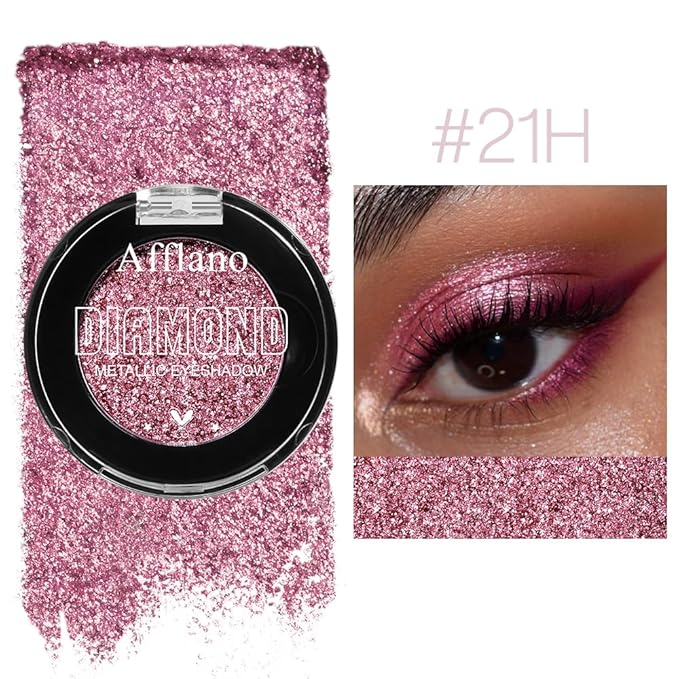 Afflano Single Pink Glitter Eyeshadow Palette, Sparkle Champagne Pink Rose Glitter Eyes Look, Highly Pigmented, Long Lasting Diamond Metallic Eye Shadow Pallet for Girl Women Concerts Day Night Makeup