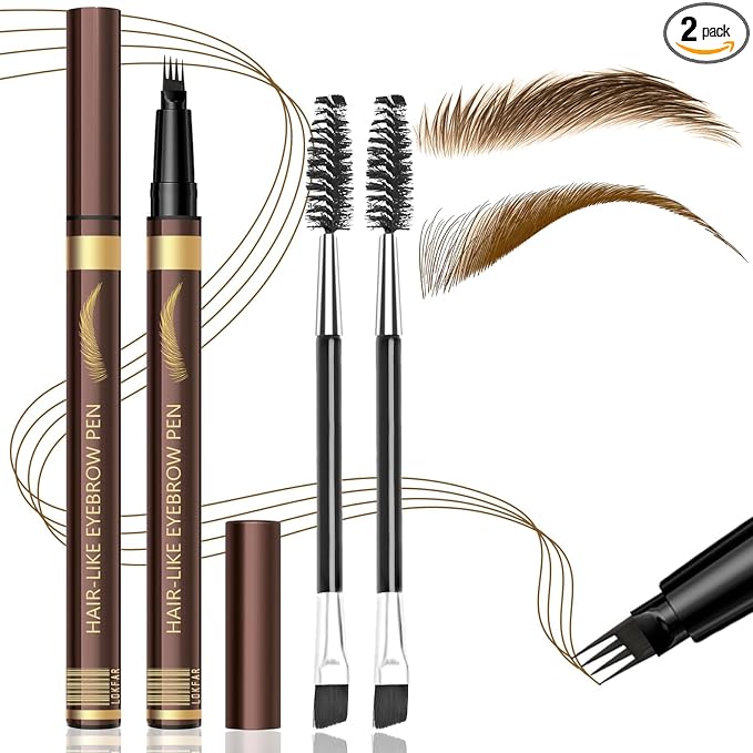 2PCS Microblading Eyebrow Pencil with Eyebrow Brush, Brown Microblading Eye-brow Pencils for Women, 2-In-1 Waterproof Eyebrow Pen with 4-Fork & Ultra-Precise Tips for Hair-Like Eyebrow Makeup (Brown)