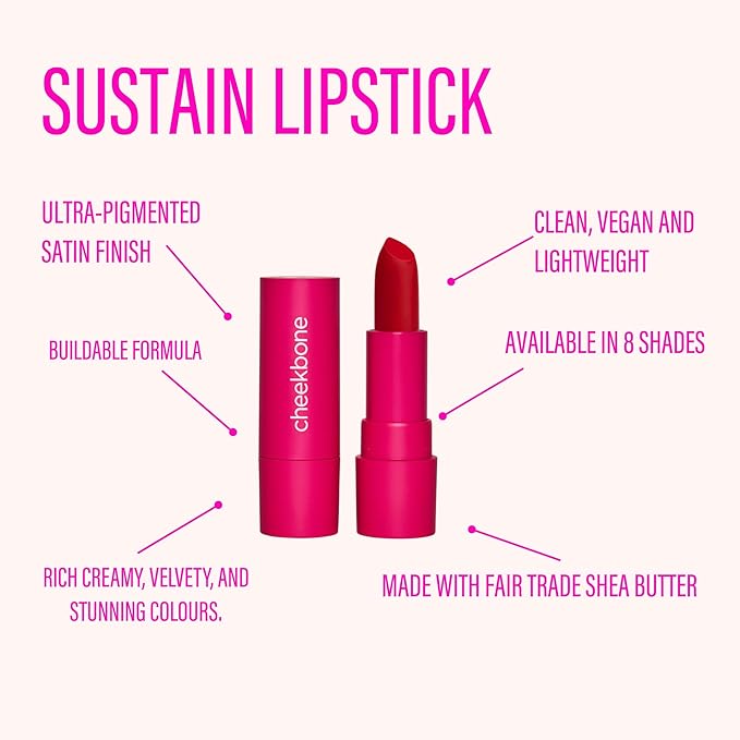 Cheekbone Sustain Lipstick, Classic Blue-Red, Creamy Satin Lip Color with Buildable Pigment, Long-Wear, Moisturizing Formula with Organic Castor Oil, Eco-Conscious, Vegan, 0.14 oz.