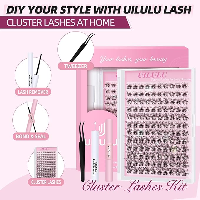 Natural Lash Clusters Kit 10-18mm Mix D Curl DIY Extension Eye Natural Lashes False Wispy EyeLash Cluster with Bond & Seal, Glue Remover, Tweezers(U26 Lash Kits)