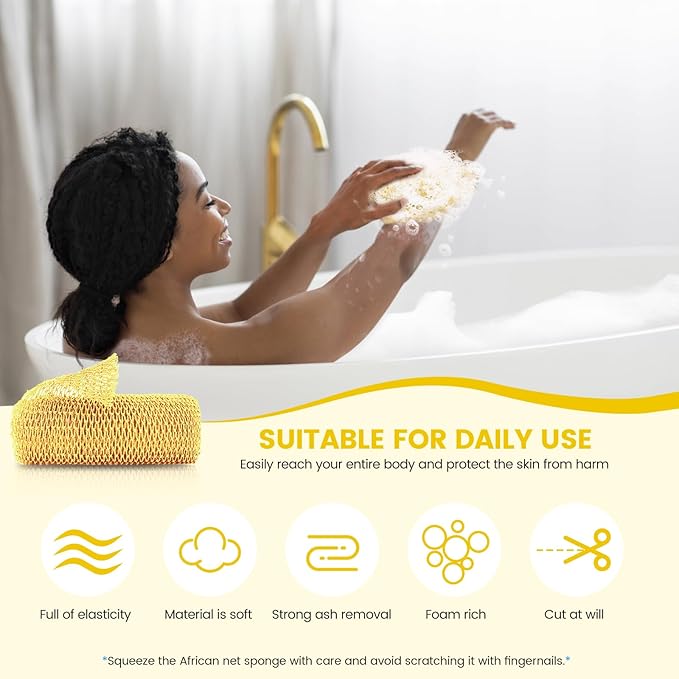 ZOCY African Net Sponge, Authentic Exfoliating Body Scrubber for Bath and Shower, Multiple Textures with Gentle Deep Exfoliating and Rich Lather for All Skins (Yellow)