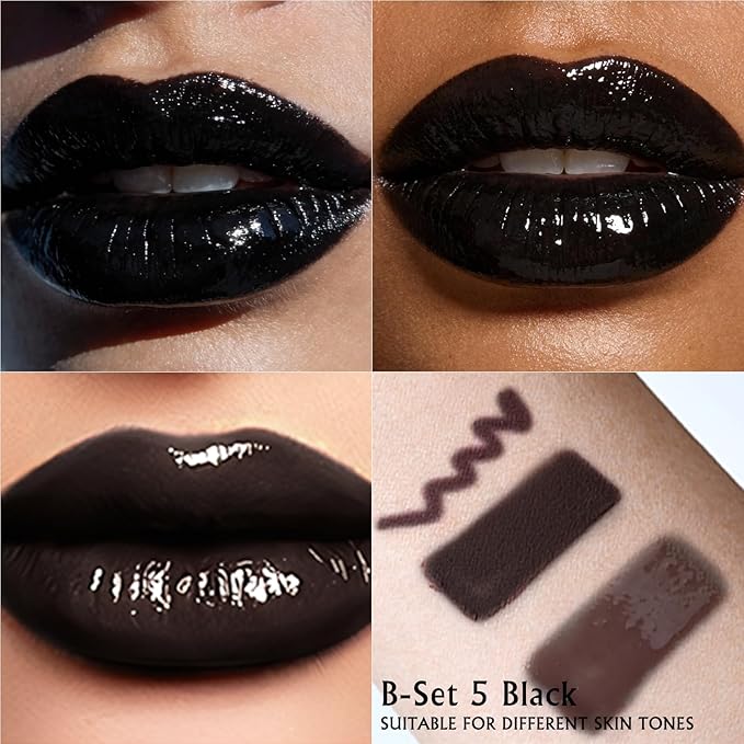 3 PCS Black Lip Combo Set - Precision Matte Lip Liner and Lipstick with High-Shine Black Lip Gloss Smooth Long-Lasting Smudge-Proof High Pigment for Gothic Cosplay Makeup