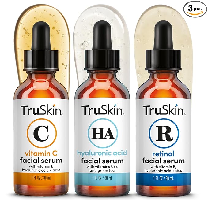 TruSkin Face Serum Trio - Vitamin C, Retinol & Hyaluronic Acid Anti-Aging Serums for Face - AM, PM & All-Day Skincare Routine - Brightening, Smoothing & Hydrating Facial Serums, 1 fl oz Each