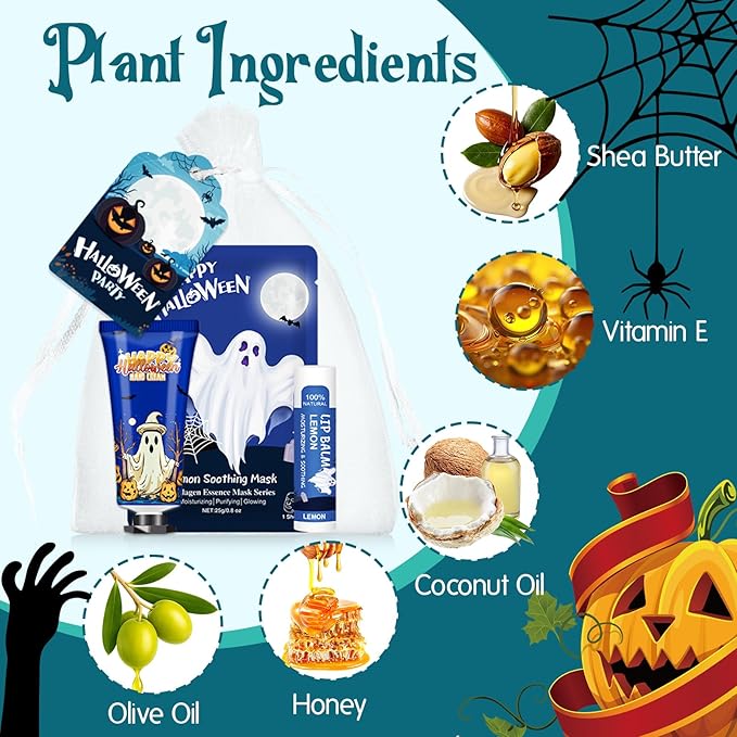 50 Pack Halloween Hand Cream, Facial Mask and Lip Balm Set, Bulk Halloween Gifts for Women, Halloween Decorations, Halloween Party Favors, Halloween Basket Stuffers and Halloween Skincare