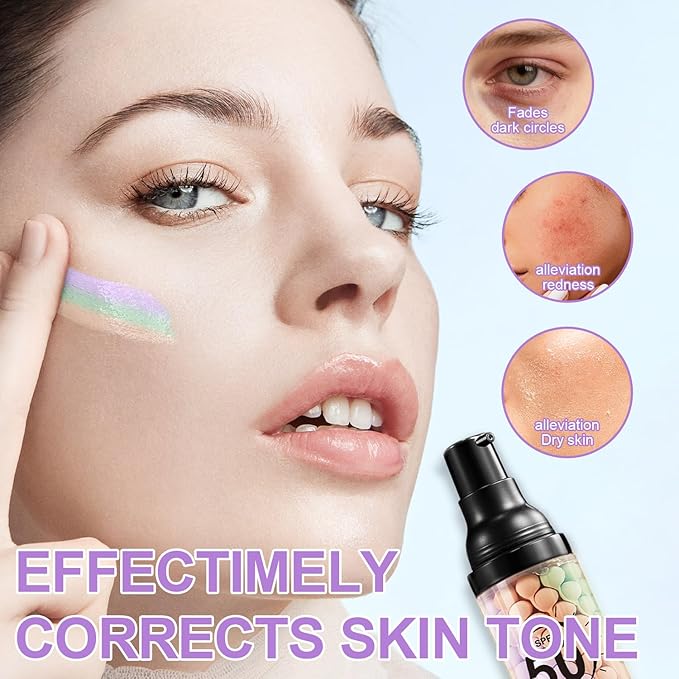 3 in 1 Color Correcting Serum, SPF Primer for Face Before Makeup, Sunscreen One Step Makeup Primer,SPF 50 PA+++ Isolation Cream,Color Correcting Facial Serum Oil Control & Moisturizing (1PCS)