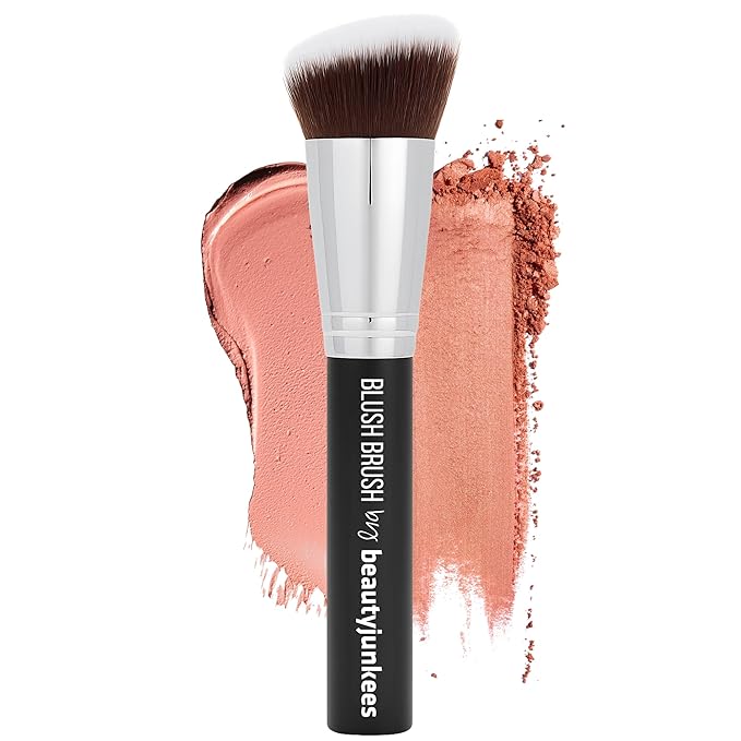Beauty Junkees Angled Blush Brush for Cream, Liquid, Powder Makeup, Dense Synthetic Bristles to Stipple and Blend for Buildable Pigmented Color