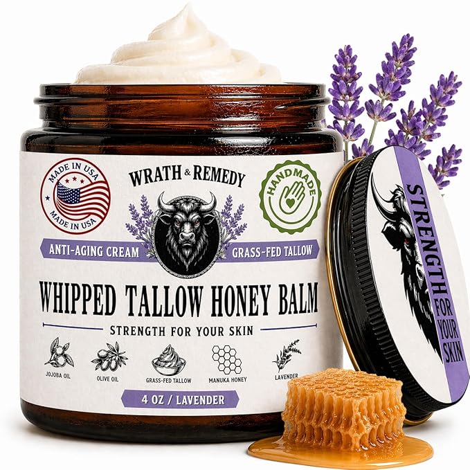 Organic Beef Tallow for Skin - 4 OZ (Lavender) — US-Made Grass Fed Beef Tallow for Face + Body — Whipped Tallow and Honey Balm Moisturizer for Dry and Sensitive Skin, Eczema, Rosacea (No Additives)